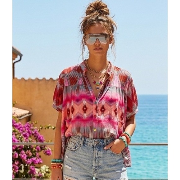 Papel Craft Casa Tops - Papel Craft Casa Womens Multicolor Geometric Print Button Up Short Sleeve Blouse